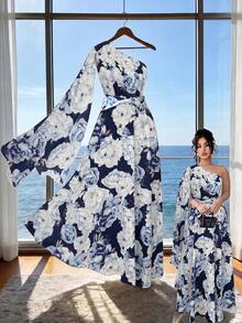 Elenzga Đầm nữ size lớn màu xanh navy họa tiết hoa thanh lịch cho kỳ nghỉ hè, thiết kế vai bất đối xứng kiểu choàng, xoắn, không tay, eo chiết, đầm dự tiệc cưới - Màu xanh hải quân - Xem 1