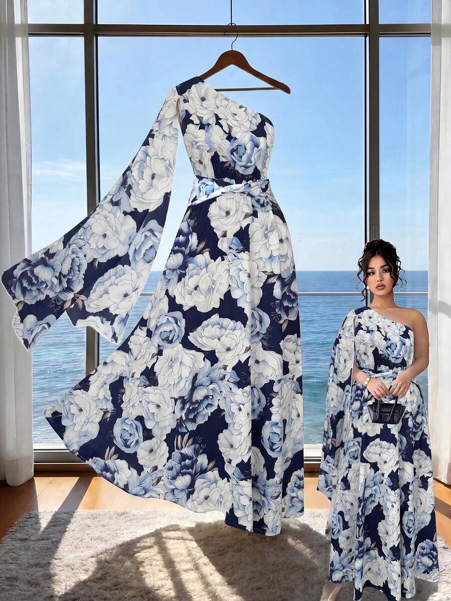 Elenzga Đầm nữ size lớn màu xanh navy họa tiết hoa thanh lịch cho kỳ nghỉ hè, thiết kế vai bất đối xứng kiểu choàng, xoắn, không tay, eo chiết, đầm dự tiệc cưới - Màu xanh hải quân - Xem 1