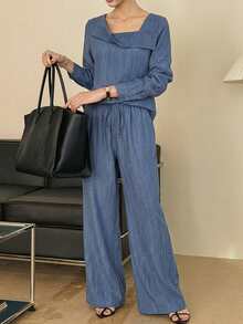 DAZY Conjunto feminino de 2 peças para primavera/outono, estilo casual de férias, top de manga comprida com decote coração e calças de perna larga com cordão na cintura - Azul - Ver 2