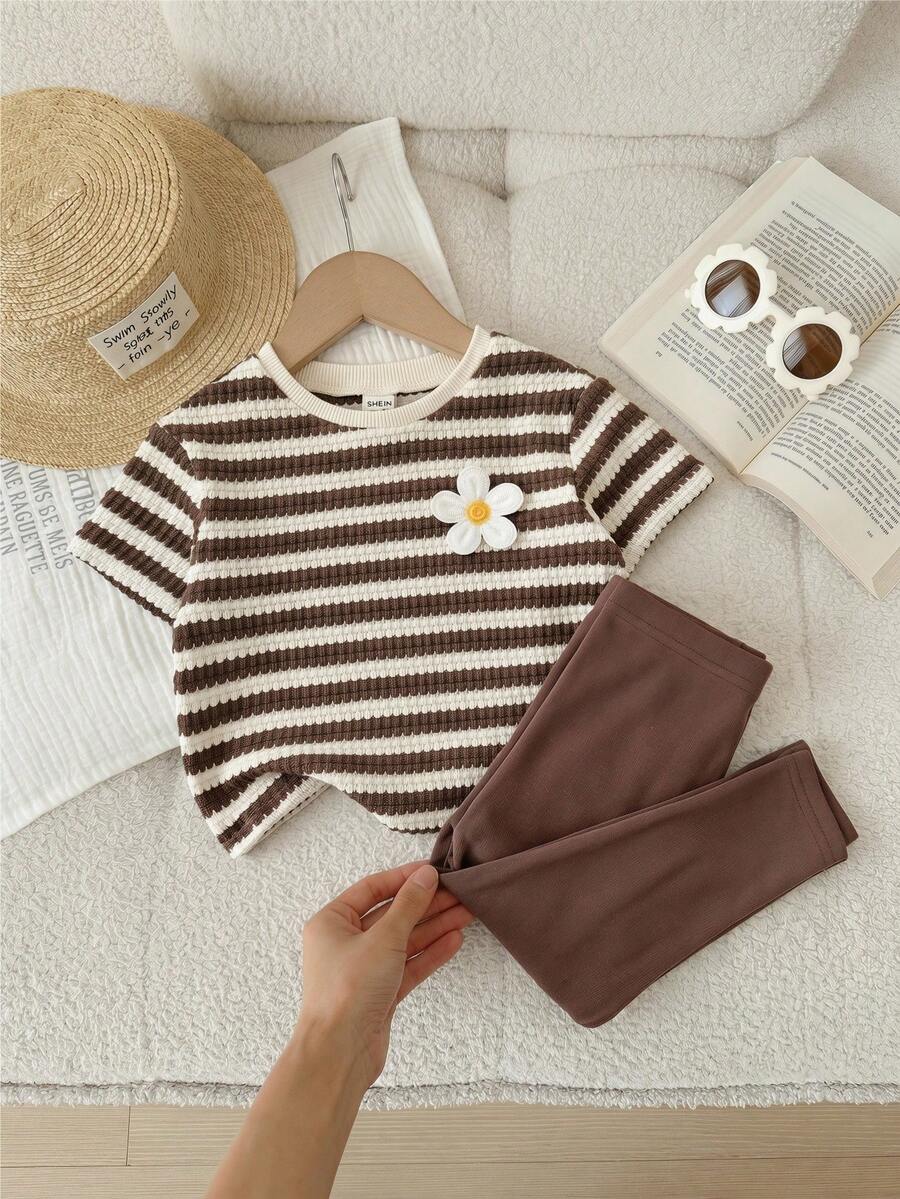 SHEIN LMoss Kids 2件套女婴针织条纹宽松休闲T恤和纯色针织裤套装 - 棕色 - 查看 1