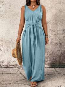 Breezaya Plus Size Casual Vacation Solid Color V-Neck Knot Shoulder Strap Sleeveless Tie Waist Wide Leg Jumpsuit - Teal Blue - View 4