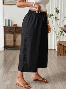 Weeklong Plus Size Summer Casual Elegant Solid Color Textured Hollow Elastic Waist Pants Vacation Black - Black - View 5