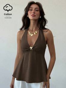 Aloruh Áo kiểu nữ dáng chữ A eo chiết, vải linen, trang trí kim loại, mùa xuân/hè - Màu Tím - Xem 5
