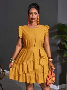 Slaydiva Plus Size Casual Elegant Solid Color Ruffle Hem Dress Wedding Guest Mustard Yellow Summer - Mustard Yellow - View 7