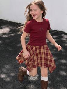 DAZY Tween Girl Round Neck Pullover Bow T-Shirt Top + Plaid Skirt Set Cute Tween Girls T-Shirt Set Summer - Burgundy - View 4