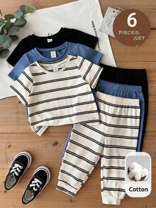 SHEIN LMoss Kids 6pcs Baby Boy Knitted Solid Striped Casual T-Shirt And Pants Set - Multicolor - View 8