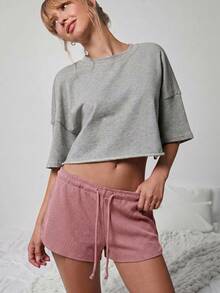 WESTFADE Drawstring Waist Rib Knit Casual Lounge Pink Shorts - Pink - View 5