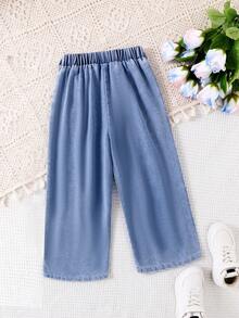 SHEIN Vintaside Kids 年轻女孩新款爱心刺绣牛仔裤，儿童日常休闲直筒裤年轻女孩牛仔裤 - 藍色 - 查看 2