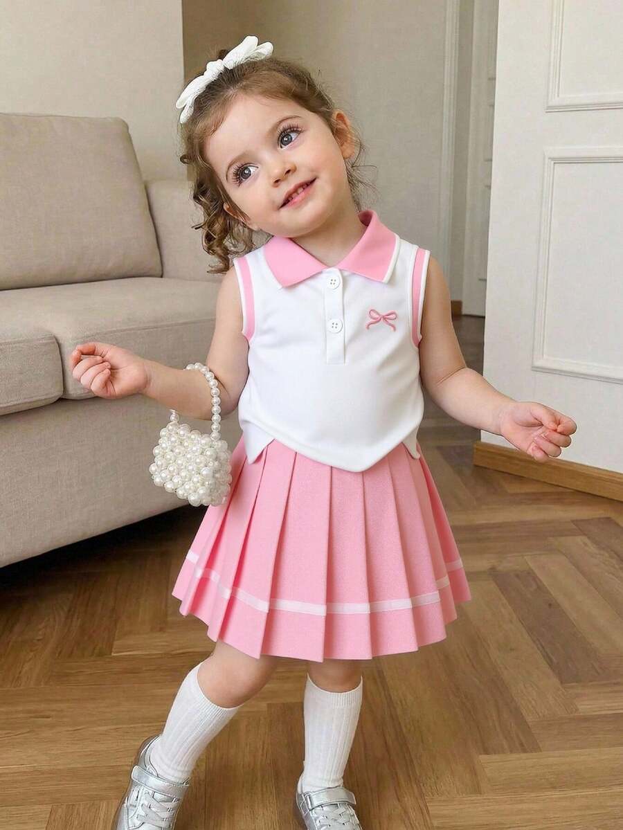 Souflis Souflis 2件組女孩學院風 Polo領無袖蝴蝶結刺繡針織T恤上衣與百褶迷你裙,適合學校、外出、戶外玩耍、表演及日常穿著 - 粉色 - 查看 1