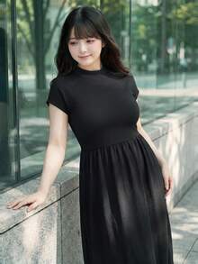Bijouette Limited Edition End Of Cherry Blossom Season Plus Size Black Mock Neck Cinched Waist Flared Dress. Fitted Knit Top Paired With Flowy A-Line Skirt, Perfect For Hiding Tummy And Hips, Flattering For Pear And Apple Shapes. Suitable For Commuting, Dates, Outings, And Flower Viewing In Early Summer. Elegant Japanese-Inspired Slimming Dress. Suitable For Golden Week Travel Outfits, Exclusive For Plus Size Women, Versatile And High-End. - Black - View 5