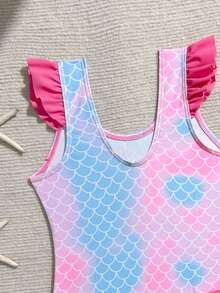 Girls Cute Egg Tart Skirt Multi-Layer Tulle Ruffle Mermaid Print One-Piece Swimsuit - Pink - View 5