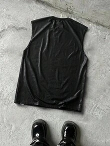 NEON BLANC 男士休閒街頭風寬鬆無袖背心，素色圓領，標準尺寸，度假、父親節禮物、健身、夏季、足球 - 黑色 - 查看 3