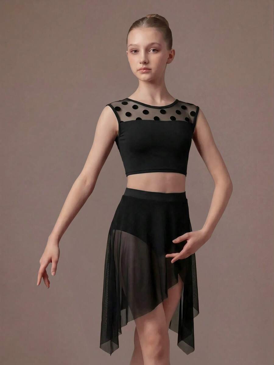 SHEIN 青少年女孩圓點網格拼接上衣與迷你裙運動服套裝 - 黑色 - 查看 1