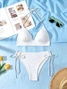 Swim Vcay Set Baju Renang Wanita Model Halter Neck dengan Kain Berongga - Putih - View 4
