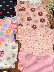 波希米亞碎花、溫柔紫色條紋、3D蝴蝶結圖案，年輕女孩休閒簡約百搭圓領短袖T恤 1件，適合春季 - 彩色 - 查看 4