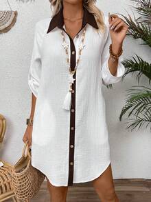 Zayélia Đầm sơ mi nữ phối màu phong cách casual đi làm đi chơi mùa xuân/hè mới - trắng - Xem 7