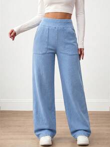 SHEIN 女童/青少年休闲基础款舒适瑜伽健身蓝色针织弹力修身喇叭直筒阔腿牛仔裤，柔软舒适，适合日常穿着，春、夏、秋、冬四季皆宜，适合跑步、慢跑、瑜伽、跳舞等运动。 - 藍色 - 查看 6