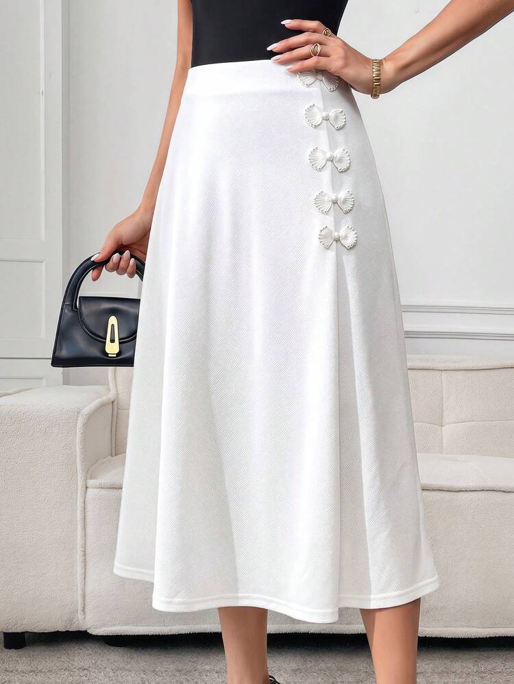 Women's New Chinese Style Bow Knot Frog Button Solid Color A-Line Flared Design Elegant Summer Skirt,Summer Skirt,White Skirt