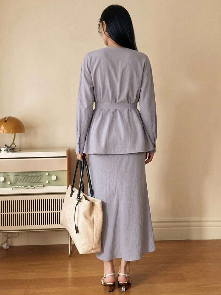 Elegant Chic Gray Autumn Brunch 2 Pieces Set,Twist Collar Crossover Blouse & Straight Skirt For Women,Business Casual Work Wedding Lounge Sets