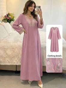 Yasmyna Robe élégante à col en V 2 en 1 avec patchwork de dentelle et manches évasées, printemps/été - Rose bonbon - Voir 5