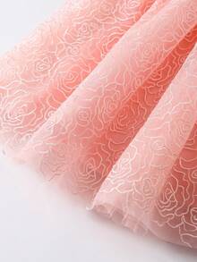 SHEIN Glamorique Kids Glamorique 女童粉色無袖珍珠蝴蝶結深V露背花卉刺繡薄紗芭蕾舞裙婚紗禮服 - 粉色 - 查看 4