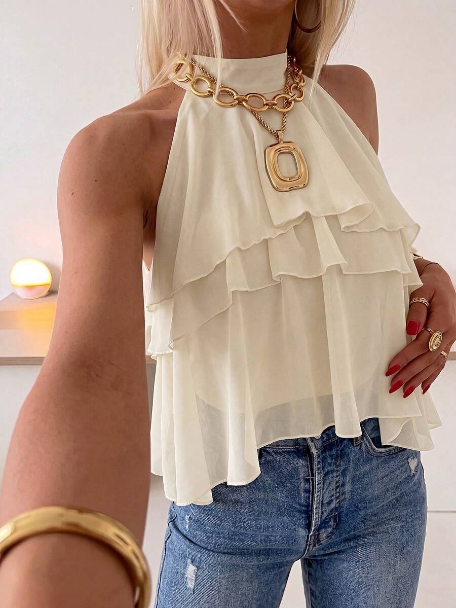 Firerie Halter Neck Ruffled Cake Chiffon Blouse Beach Vacation, Summer Holiday, Tropical, Resort Wear,