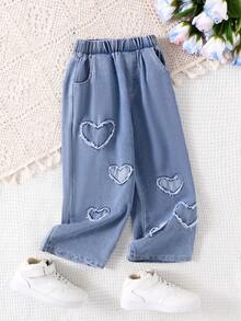 SHEIN Vintaside Kids 年轻女孩新款爱心刺绣牛仔裤，儿童日常休闲直筒裤年轻女孩牛仔裤 - 藍色 - 查看 1