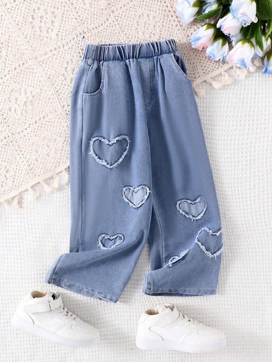 SHEIN Vintaside Kids 年轻女孩新款爱心刺绣牛仔裤,儿童日常休闲直筒裤年轻女孩牛仔裤 - 藍色 - 查看 1