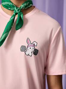 FROVYX Men's Casual Simple Cartoon Rabbit Print T-Shirt, 2000s Style - Pink - View 5