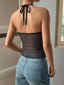 Strévra Áo hai dây nữ ôm sát phong cách hot girl, họa tiết chấm bi in toàn thân, mặc đi biển, lễ hội âm nhạc, đám cưới, dạo phố, du lịch, mùa xuân hè - màu đen - Xem 5