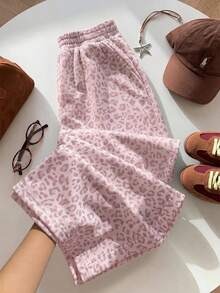 SHEIN EZwear Women's Casual Retro Pink Camouflage Leopard Print Mid-Waist Loose Long Pants, Flowy Shorts, Back To School Essential, Suitable For Daily Commute, Date, Party, Autumn/Winter/Summer, Christmas, New Year, Thanksgiving, Party, Wedding, Beach, Graduation Ceremony, Fashion, Elegant, Casual, Outing, Date, Appointment, Commute, Shiny, Valentine's Day, Elegant, Vacation, Casual, Y2K, Outing, Graduation Ceremony - Multicolor - View 6