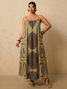 Travachic Plus Size Vacation Casual Striped Geometric Print Spaghetti Strap Dress - Multicolor - View 5