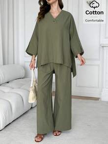 Solavon Women's Loose Fit Cotton Two Pieces Outfit Comfortable Wide Leg Pants And Tunic Top Modest Set - Army Green - View 7