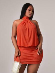 Radiana Plus Size Women's Spring Summer Elegant Basic Halter Backless Ruffle Decor Mini Bodycon Dress Suitable For Office Date Night Party Prom Burnt Orange - Orange - View 8