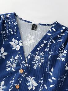 SHEIN Clasi 大尺碼花卉印花休閒度假襯衫 - 藍白色 - 查看 6