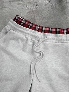 PAVTROS Men's Patchwork Plaid Drawstring Waist Pocket Casual Shorts, Holiday - Grey - View 3