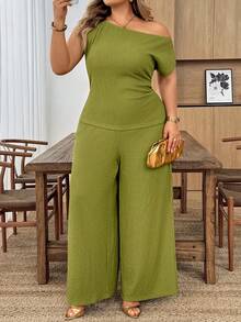 SHEIN CURVE+ Conjunto de 2 piezas de pantalones anchos asimétricos de cintura ceñida y un hombro asimétrico en color verde elegante de alta gama, adecuado para fiestas de música, Pascua, estilo occidental, estilo nómada, fiestas de cumpleaños, graduaciones, universidad, estudiantes, uso diario casual, ocio, vacaciones, cruceros, playa, soleado, los talla grande vendidos, ropa urbana, invitados de boda bohemios, ir y venir, brunch, aeropuerto, fiestas, salidas festivas, cenas elegantes, galas, ocio, uso en el hogar/oficina Y2K - Verde - Ver 4