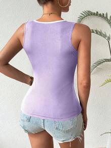 Chiquease Contrast Color Heart Collar Sleeveless Fitted Tank Top - Mauve Purple - View 2