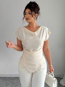 SHEIN Clasi Damen Große Größen elegantes Top mit gerafftem Ausschnitt, asymmetrischem Saum und geraffter Taille, Frühling/Sommer - Aprikosenfarben - Übersicht 3