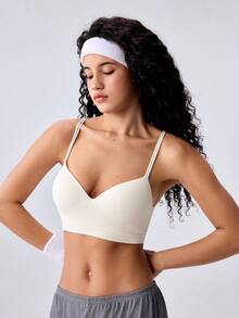 Loungeista Beige Ribbed Fixed Cup Bra, Comfortable Thin Cup Wireless Casual Women's Underwear, All-Match Classic Daily Versatile Bra - Beige - View 5