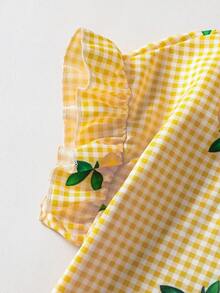 SHEIN Tween Girls Spring/Summer Vacation Tropical Beach Holiday Versatile Round Neck Ruffle Loose Top And Shorts Faux Denim Woven Solid Color Shirt Set - Yellow - View 7