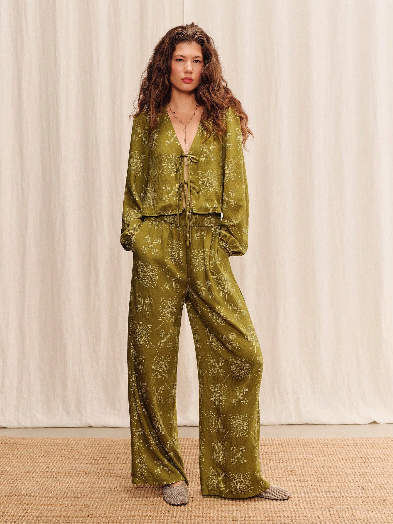 Khaki Green Floral High Waist Wide-Leg Fluid Pants Summer Holiday Casual Resort Pants