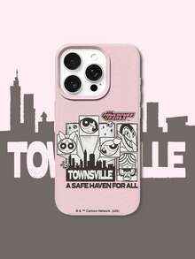 THE POWERPUFF GIRLS X SHEIN 飛天小女警全角色反派 Townsville 市天際線正方形圖案骷髏字母元素皮革紋粉色親膚防震防摔保護手機殼，適用於 Apple iPhone 13/14/15/15Pro/16/16Pro/17Pro，熱銷日常美學保護殼 - 彩色 - 查看 2