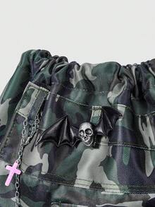 ROMWE Grunge Punk 1Pc Desert Punk Camouflage Drawstring Backpack, Multi-Pocket Goth Skull And Pink Cross Chain Decorative Bundle Bag, Fashionable And Versatile, Unisex, Suitable For Street Style, Commuting, Socializing, Shopping - camouflage - View 6