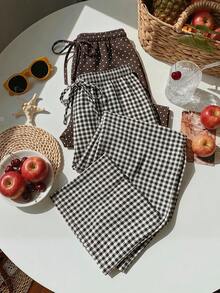 CovetEZ Women's Elastic Waist Drawstring Casual Straight-Style Long Pants Lounge Brown Polka Dot Black And White Autumn - Multicolor - View 4