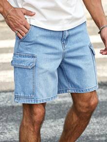 Manfinity Homme Celana Pendek Denim Pria Kasual Longgar Serbaguna dengan Kantong Kargo - Biru - View 8
