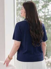 Dazy Plus Solid Color Polo Collar Fitted Short Sleeve Knit Top, Spring, Summer, Autumn - Navy Blue - View 3