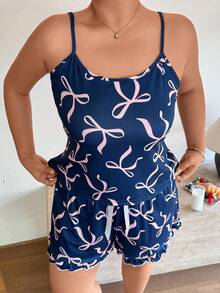 Slumberry CURVE Plus Size Sweet Ins Bow Print Camisole Top And Lace-Up Shorts Pajama Set - Multicolor - View 6