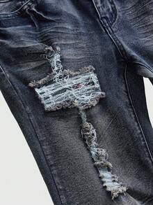 ROMWE Y2K Vintage Sexy Cross Ripped Frayed Waist Low-Rise Skinny Women Jeans, Spring/Summer - Medium Wash - View 3