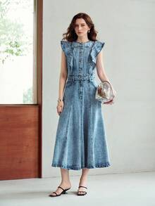 MOTF PREMIUM VESTIDO DE MUJER DE CUELLO REDONDO CON VOLANTES DE LYOCELL Y ALGODÓN DENIM, DE LARGO MEDIO, PARA USO CASUAL Y DE CITA, PRIMAVERA/VERANO - Azul - Ver 5